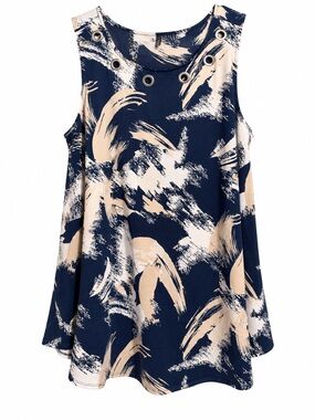 New Directions 2X Navy Abstract Print Grommet Tunic Top